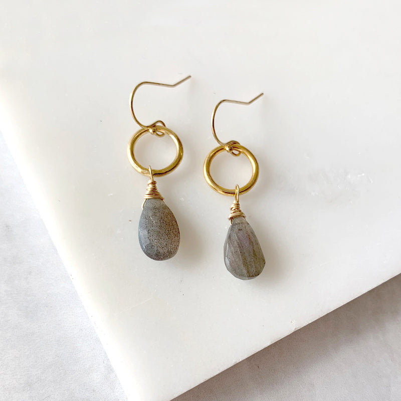 Small Hoop Earrings with Labradorite in Gold