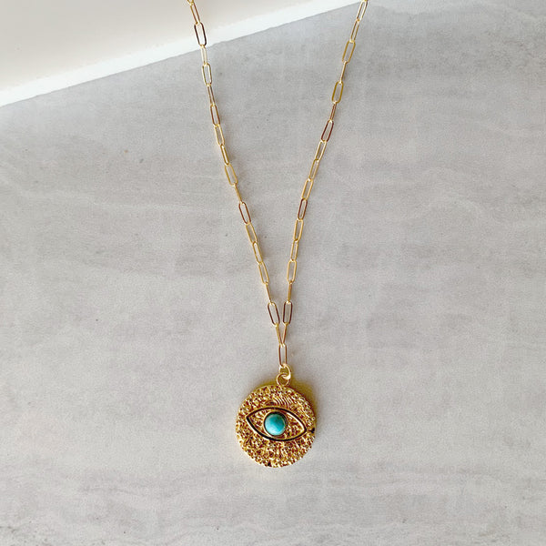 Turquoise Evil Eye Medallion Necklace in Gold