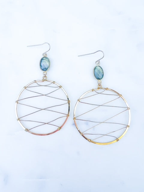 Golden Woven Wire Hoop Earrings with Labradorite