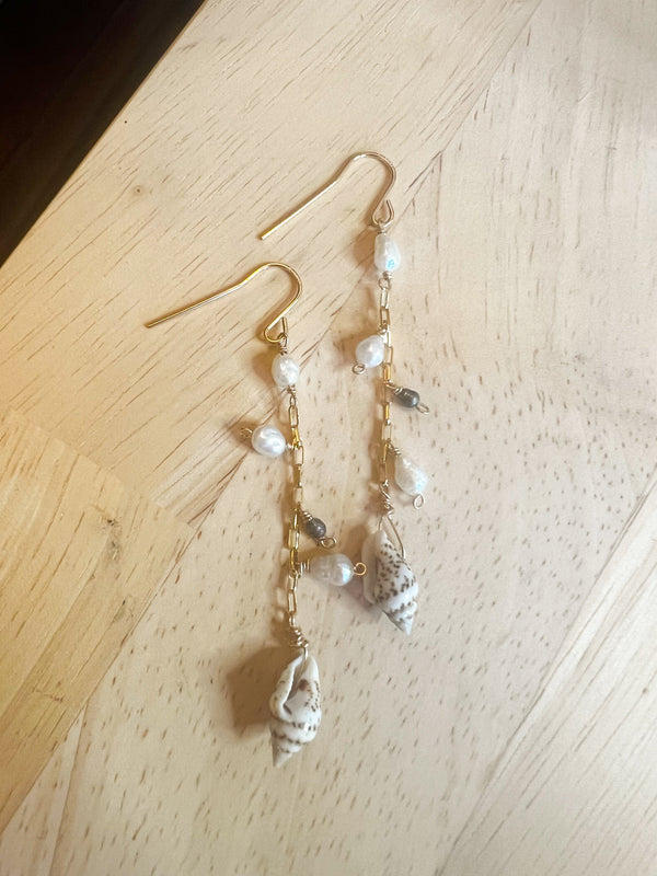 Long Pearl and Shell Earrings