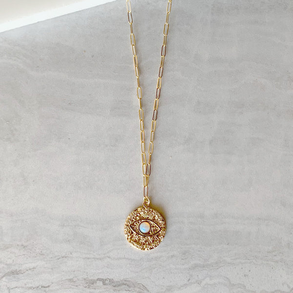 Opal Evil Eye Medallion Necklace in Gold