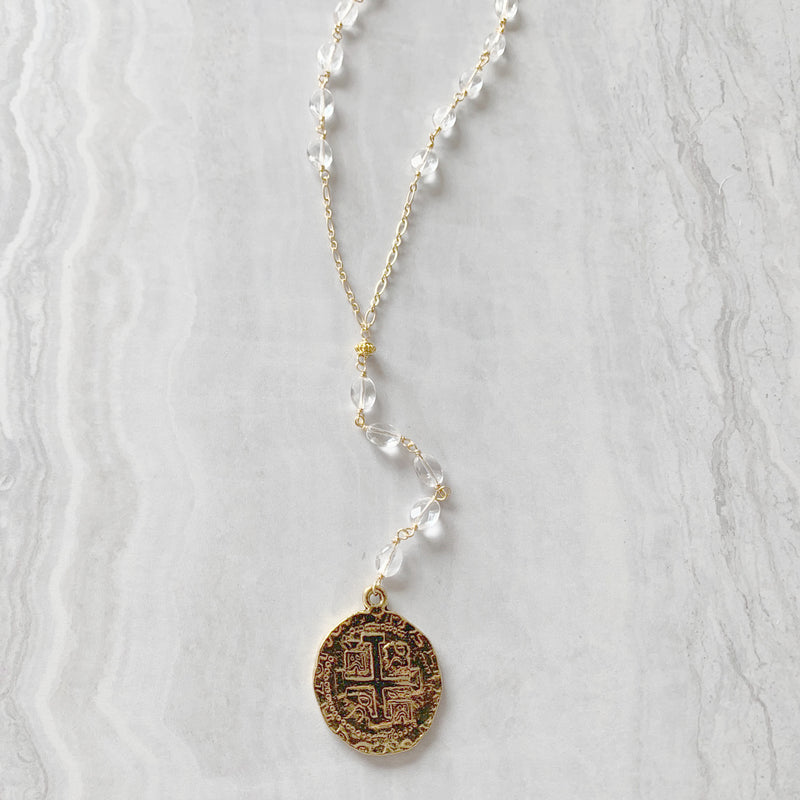 Pendant Y Necklace with Clear Quartz in Gold