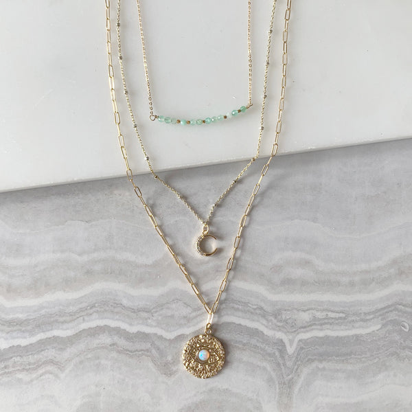 Beaded Bar and Evil Eye Layering Necklace Set in Gold