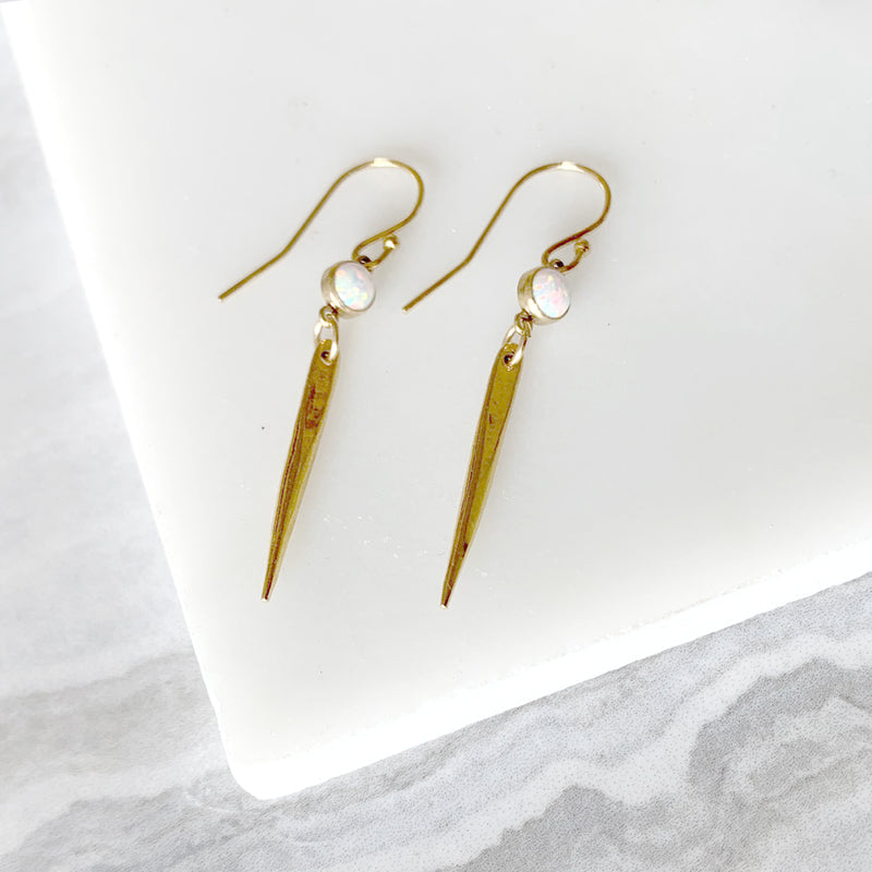 Dainty Dagger Dangle Earrings with Opal in Gold