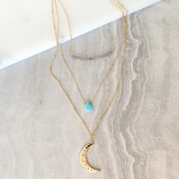 Crescent Moon with Turquoise Layering Necklace Set in Gold