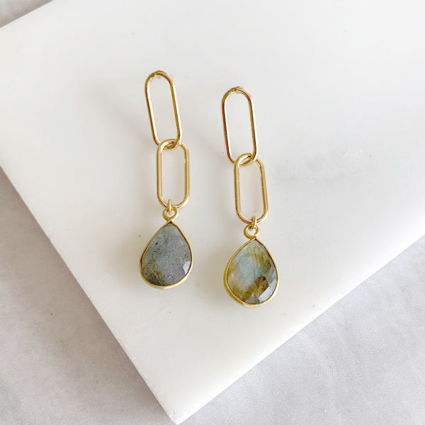 Paperclip Chain Dangle Earrings with Labradorite