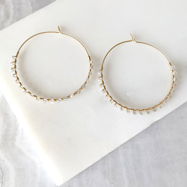 Hand Wrapped Hammered Hoop Earrings with Moonstone