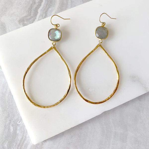 Large Hammered Hoop Earrings with Labradorite