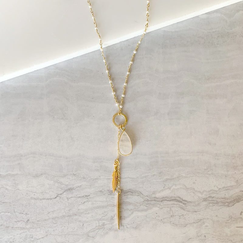 Moonstone Pendant Necklace with Charms in Gold