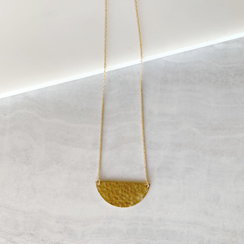 Small Brass Hammered Half Moon Necklace in Gold