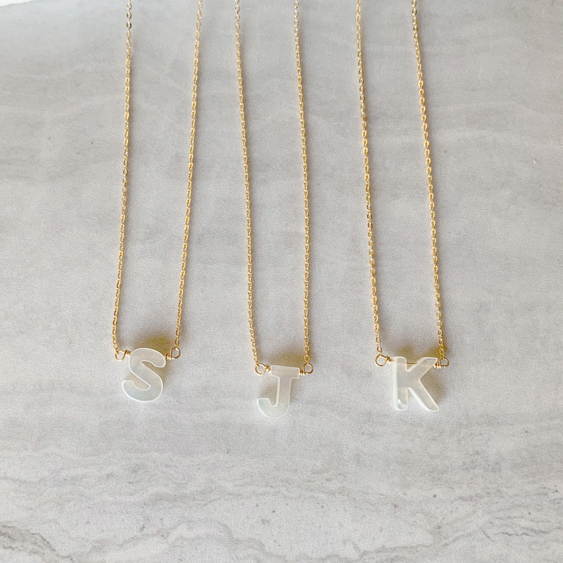 Mother of Pearl Hand Carved Initial Necklace in Gold