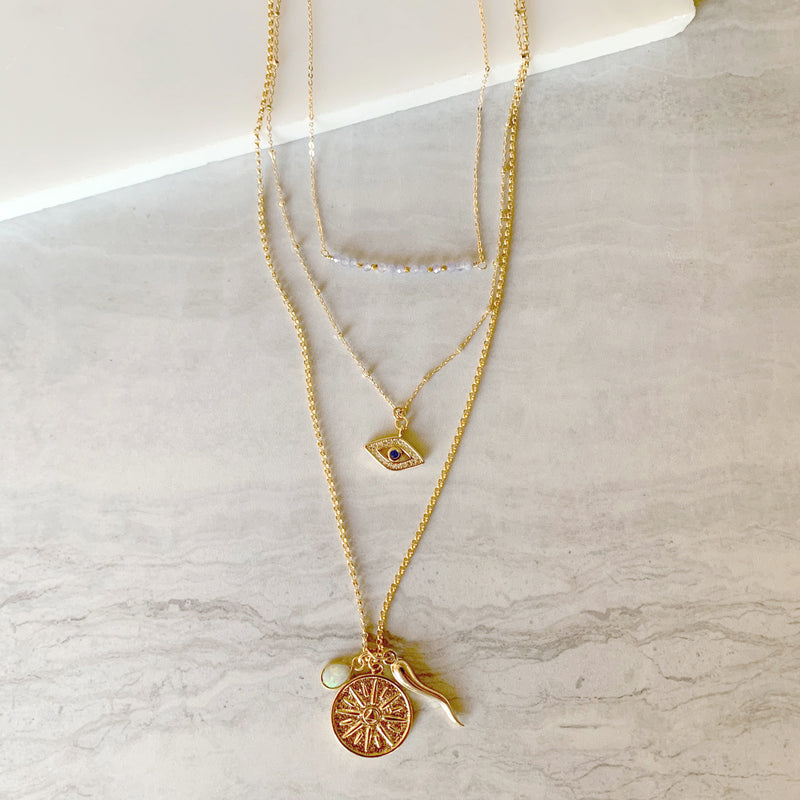 Beaded Bar Charm Layering Necklace Set in Gold
