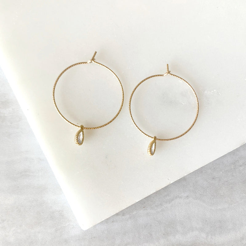 Dainty Hammered Hoop Earrings with Gemstone in Gold