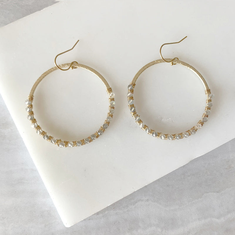 Beaded Wire Wrap Hoop Earrings with Labradorite