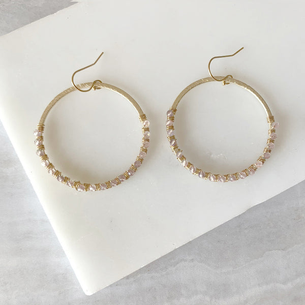 Beaded Wire Wrap Hoop Earrings with Rose Quartz