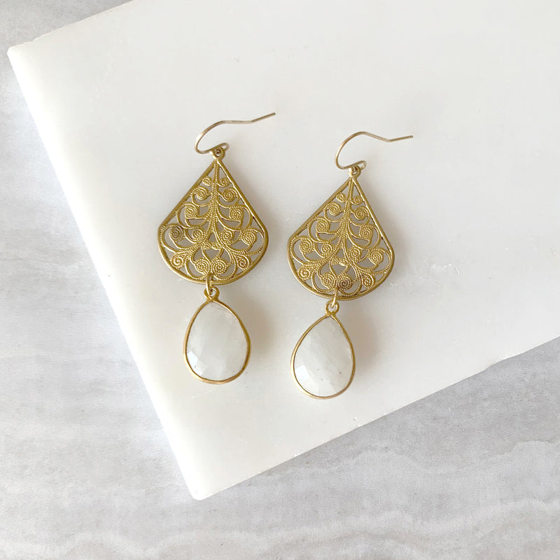 Teardrop Filigree Earrings with Moonstone in Gold