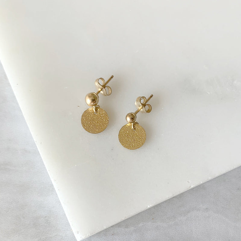 Ball Post Dangle Earrings with Gold Disk in Gold