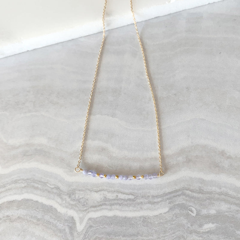 Beaded Tanzanite Bar Necklace in Gold