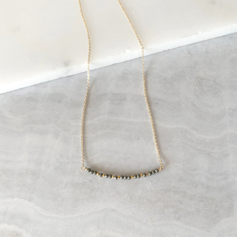 Beaded Pyrite Bar Necklace in Gold