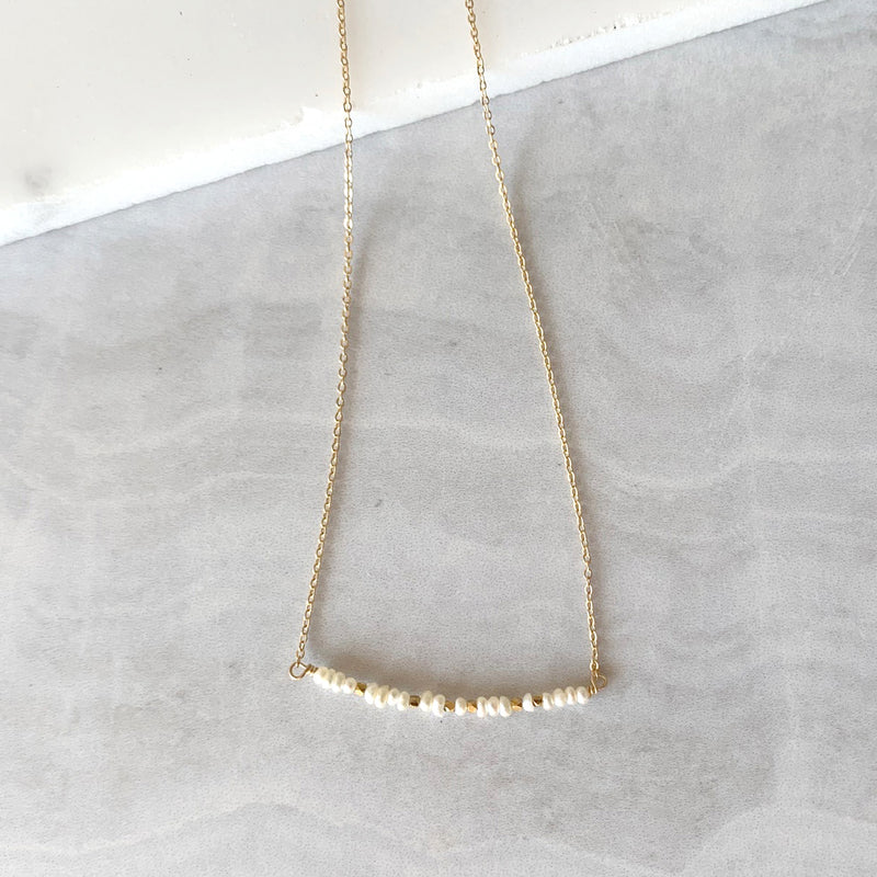 Beaded White Pearl Bar Necklace in Gold