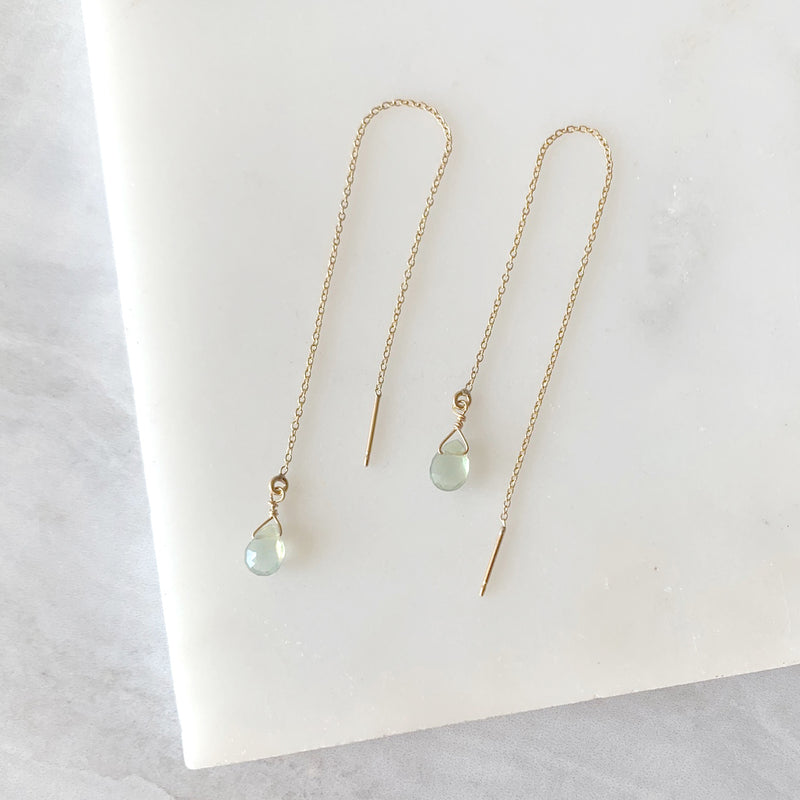 Thread-Through Green Quartz Drop Earrings in Gold